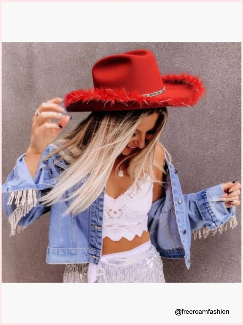 Cowgirl Hat with Feather Boa Brim & Heart Sunglasses Set